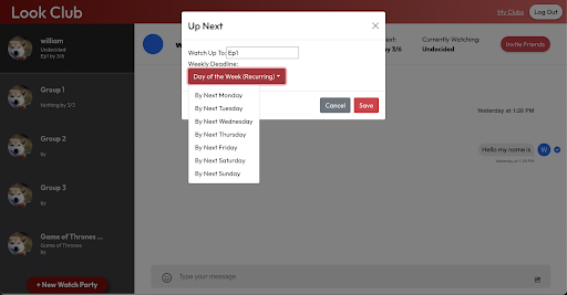 Image of screen to set watch schedule