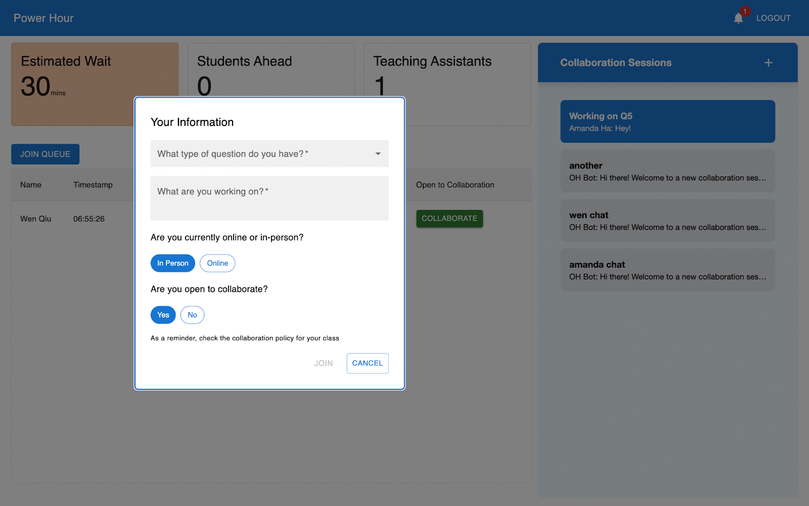Queuing form