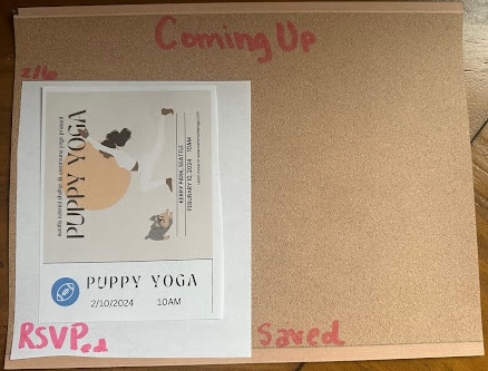Paper representing a bulletin board with sections labeled: "Coming up", "RSVPd", "Saved"