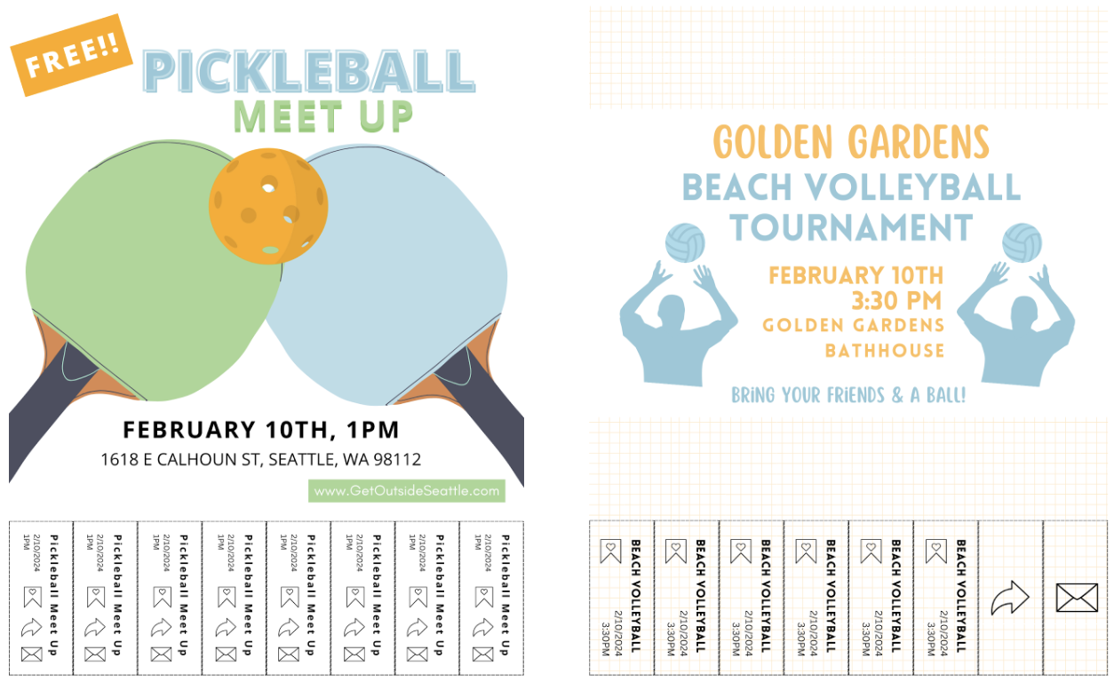 Two images of digital flyers, one for a 'Pickleball meet up' and one for a 'Golden Gardens Beach volleyball tournament'.
