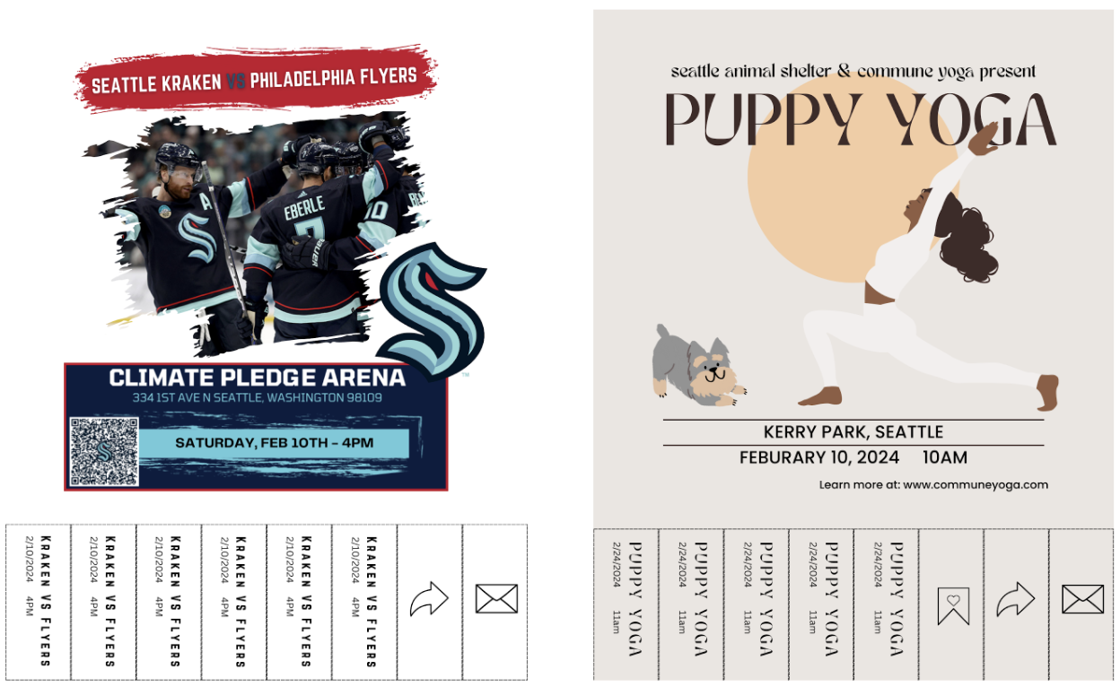 Two images of digital flyers, one for a Seattle Kraken hockey game and one for a 'Puppy Yoga'.