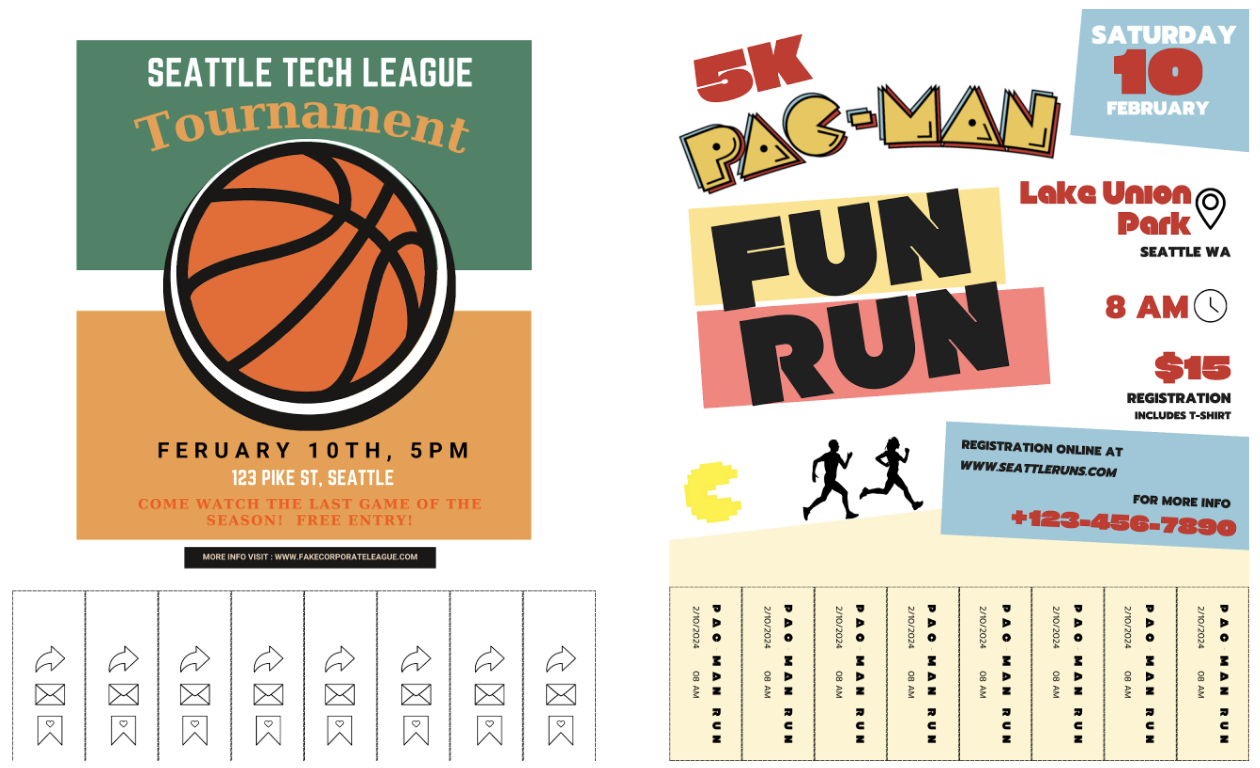 Two images of digital flyers, one for a 'Seattle tech league tournament' and one for a 'Pacman Fun Run'.