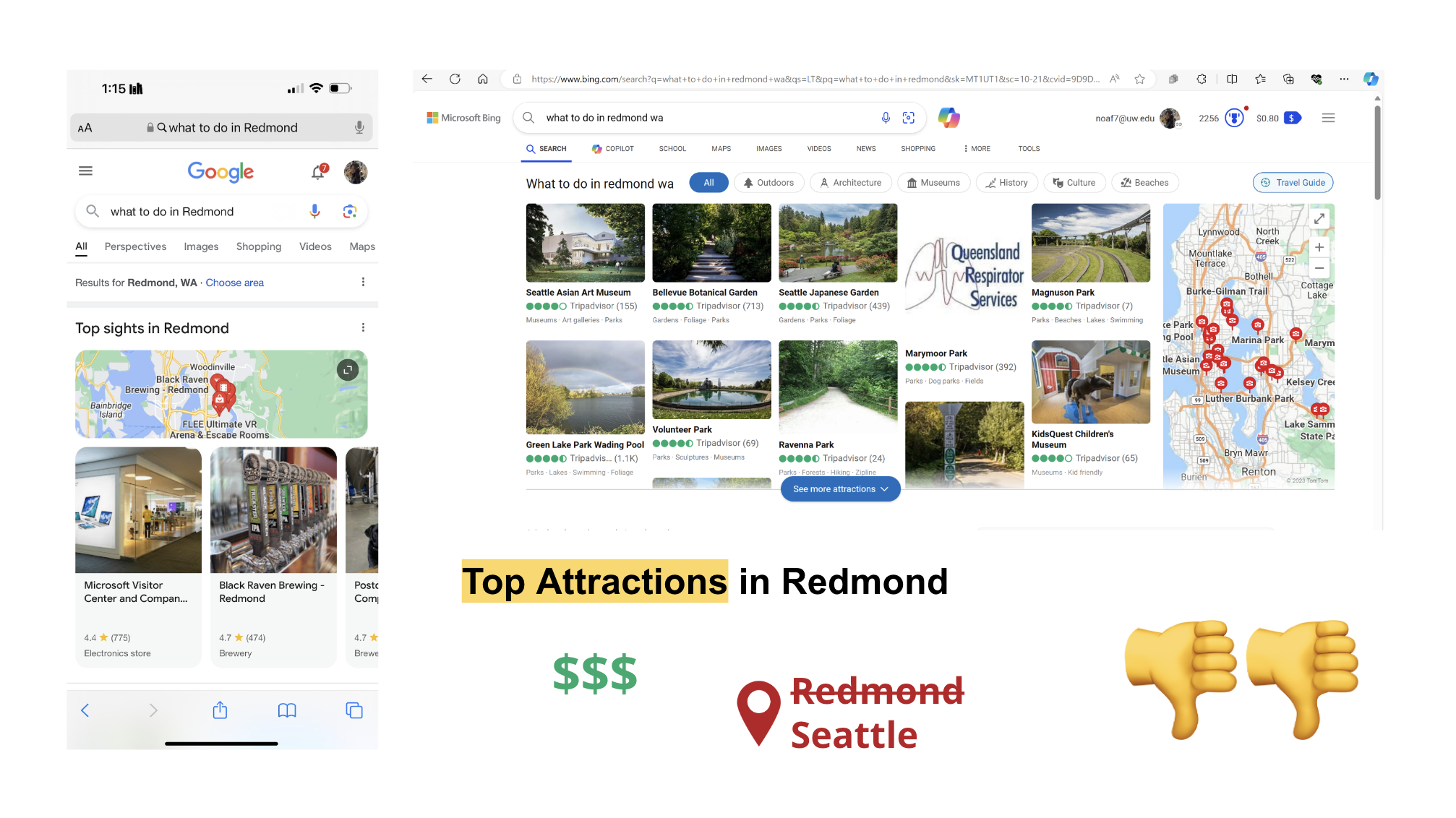 Collage of screenshots of google search results and icons indicating negative factors (cost, only 'top attractions', wrong location).