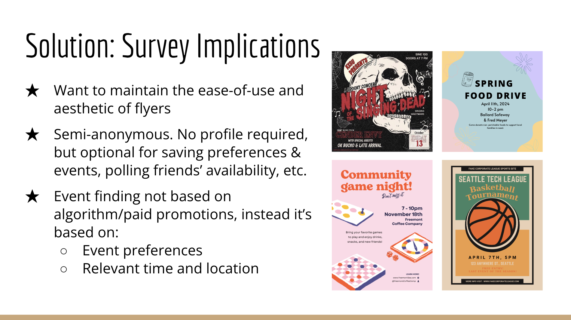 Screenshot of a slide descriving 'Survey Implications' including wanting to include the flyer aesthetics, use a semi-anonymous model, and avoid advertising
